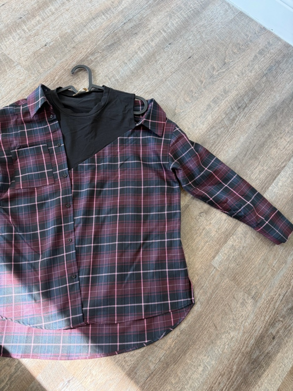 Maje women Black and Burgundy Plaid Button-Down with Attached Black Tee